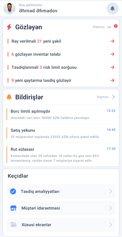 Supervayzer ana ekranı: gözləyən təsdiqlər, bildirişlər və keçidlər